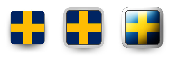 6 vector icons of Sweden flag shield button and cogwheel, flat and volumetric style in flag colors blue, yellow for poster, flyer