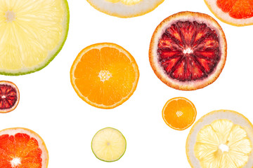orange, lemon, lime, grapefruit and sicilian orange on a white background