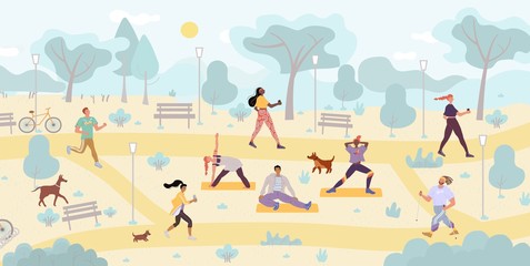 Obraz na płótnie Canvas People enjoy physical activity outdoor at park. Multiethnic man woman training, exercising. Character practicing yoga, stretching, pilates, marathon run, nordic sportive walk. Health, wellness, sport