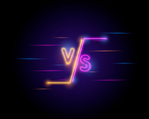 Illuminated neon versus screen design. Battle headline, confrontation and comparison template. Light electric banner glowing on background of bricks wall. Colorful neons vector illustration.
