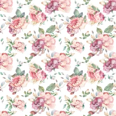 Meubelstickers Hand drawn watercolor pattern with red, white and blue roses, peony and lilac flowers and green leaves. Isolated on white background for wedding invite design © Anna Terleeva