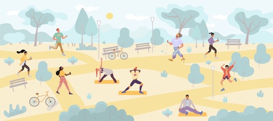 People doing morning exercise active workout in park. Diverse man, woman running, jogging, nordic walking, stretching. Characters engaged in pilates, yoga, fitness. Sport, healthy lifestyle, wellness