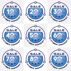 Cyber Monday sale label set. Sale tags set vector badges template, 10 off, 20 %, 30, 40, 50, 60, 70, 80, 90 percent sale label symbols.