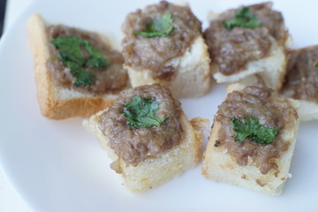Home-made food Airfryer bread with minced pork spread. 