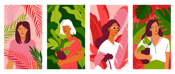 Fototapeta premium Vector illustration in flat simple style - women and plants - abstract vertical banners with green leaves and female characters for stories
