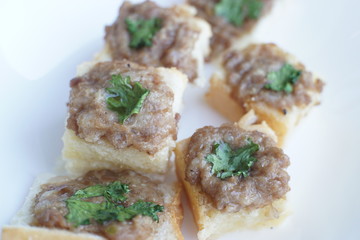 Home-made food Airfryer bread with minced pork spread. 