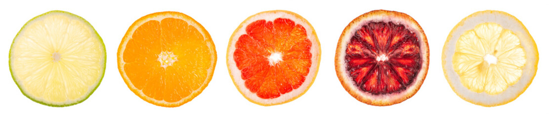 orange, lemon, lime, grapefruit and sicilian orange on a white background