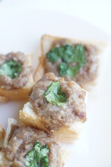 Home-made food Airfryer bread with minced pork spread. 