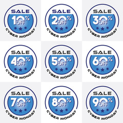 Cyber Monday sale labels. Sale tags set vector badges template, 10 off, 20 %, 30, 40, 50, 60, 70, 80, 90 percent sale label symbols.