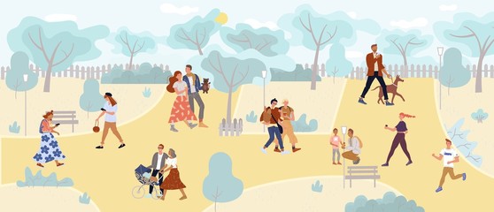 Friends, newlyweds, lonely people, family rest in park. Man, woman, teenager, student, couple, father, son, stroller, runner characters. Online live communication. Outdoor walk. Active recreation