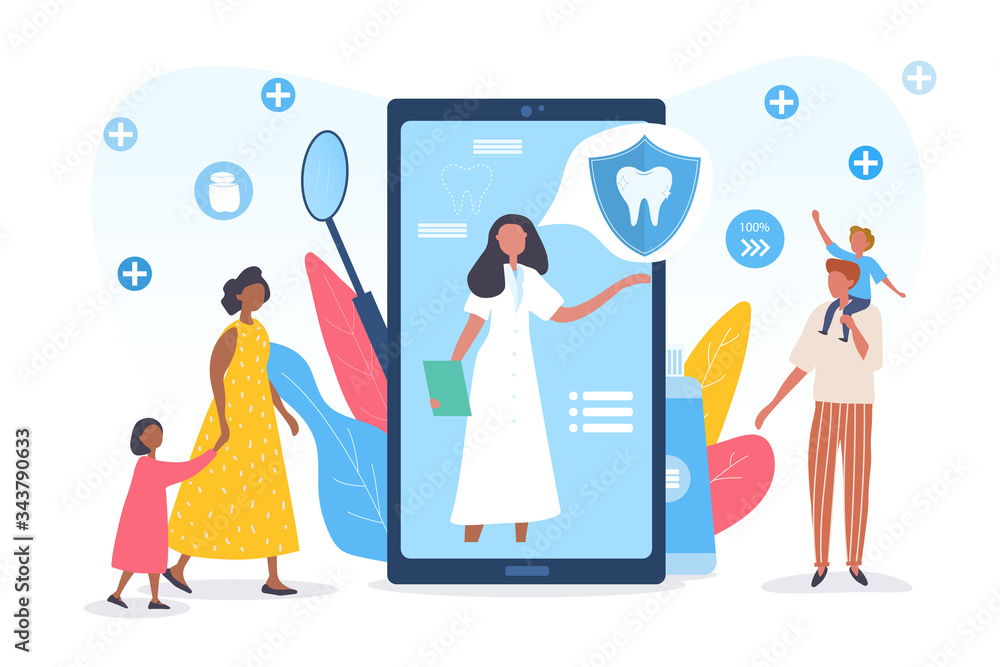 Wall mural Meeting with the Dentist online with a young family with children and a female dentist on a mobile phone screen with teeth icons, colored vector illustration with copy space