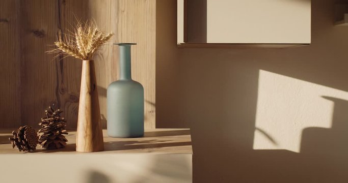 Timelapse of Sunset over Living Room with Elongated Shadows of Decorative Objects and Pinecones