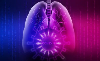 Neon hologram of the causative agent of the coronavirus COVID-2019, neon outlines of the lungs on an abstract futuristic background. The deadly type of virus is 2019 nCoV.