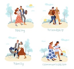 Dating, friendship, communication, family people set. Man woman walking together, networking in social media via smartphone online. Lovers talking on first date. Married couple strolling baby in pram