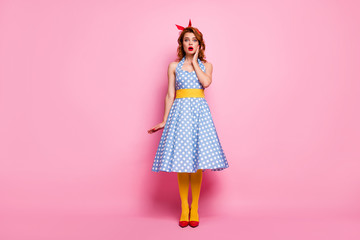 Full size photo of pretty fancy gentle lady hear incredible novelty stare stupor touch hand face wear good look skirt isolated over pink color background