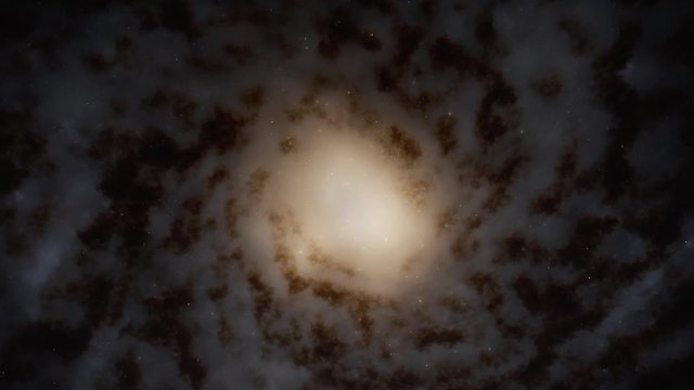 Spiral galaxy rotation in outer space closes up from above it.