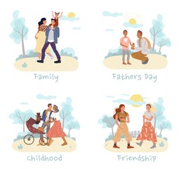 Teenager boy girl friends, pregnant woman man carrying daughter on shoulder, loving wife husband strolling baby in pram, daddy talking to son set. Family, father day, childhood, friendship relation