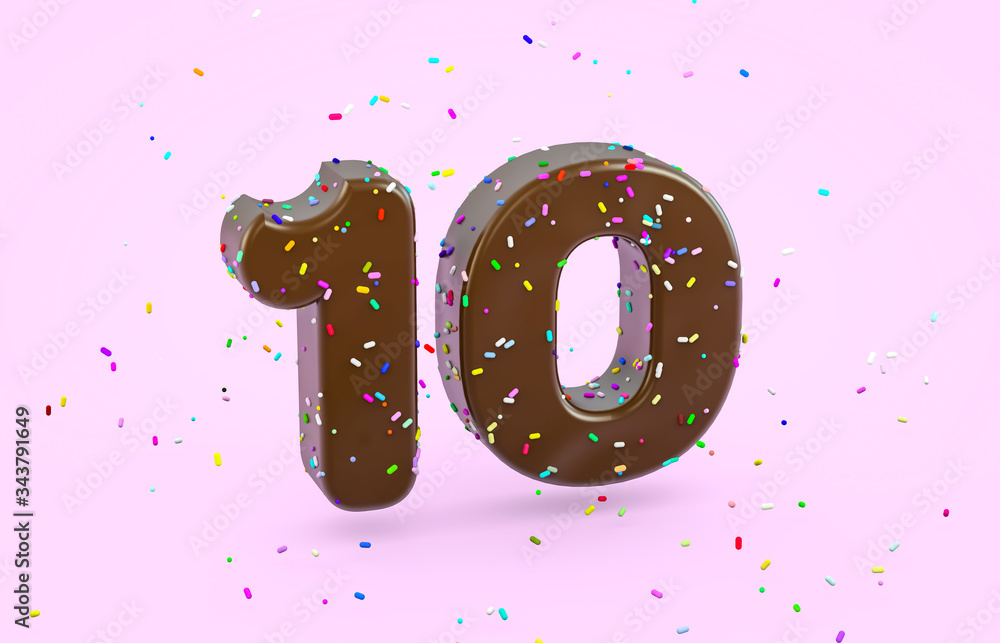 Aufkleber glazed donut font with colorful sugar sprinkles. 3d number 10 font render on isolated background.