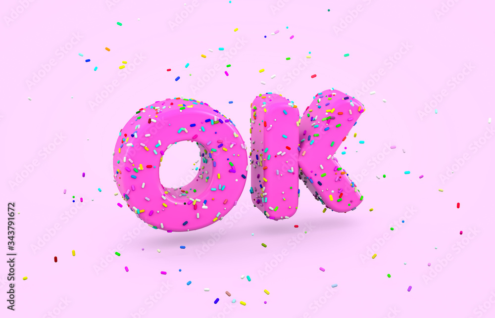Aufkleber glazed donut font with colorful sprinkles. abstract 3d okey word alphabet on isolated background.