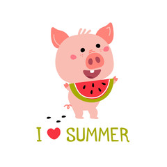 Pink Piggy with watermelon. Summer Cartoon illustration for card, prints, calendar, sticker, invitation, baby shower, children clothes, posters.