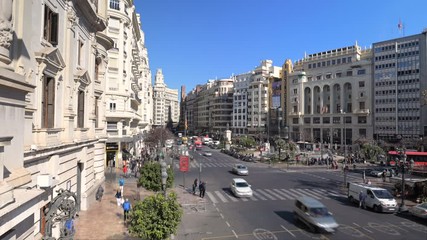 Timelapse of breathtaking avenue in busy street in Madrid, Spain with many historic buildings