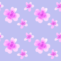 Seamless pattern with flowers. Watercolor pink flowers isolated on a blue background. Pastel color. Suitable for Wallpaper, fabric, packaging