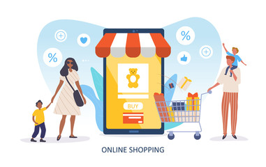 Online Shopping concept with young family with cart full of merchandise in front of a mobile phone or tablet in the form of a store front, colored vector illustration with copy space