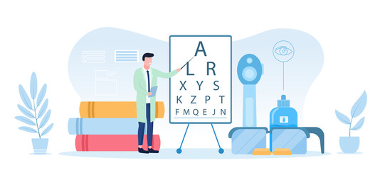 Fototapeta na wymiar Ophthalmology concept ophthalmologist conducting an eye test using a chart in his surgery, colored vector illustration with copy space