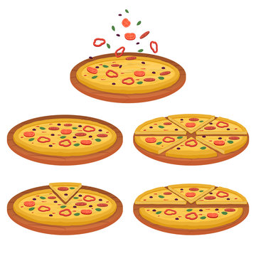 Set of illustration of tasty pizza, pizza sliced into pieces.