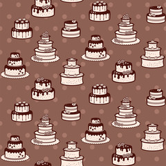 Fototapeta na wymiar Different birthday and wedding cakes with flowers, stars, hearts and meringues on a brown polka dot background. Vector seamless pattern for bakery, cafe, sweet shop, pastry shop, confectionery, print