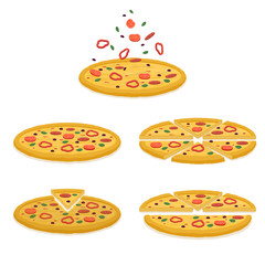 Set of illustration of tasty pizza, pizza sliced into pieces.