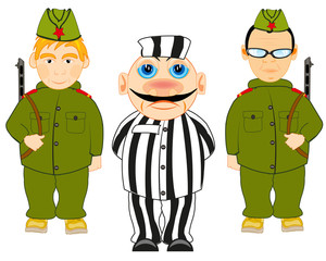 Arrested criminal and two soldiers with automaton