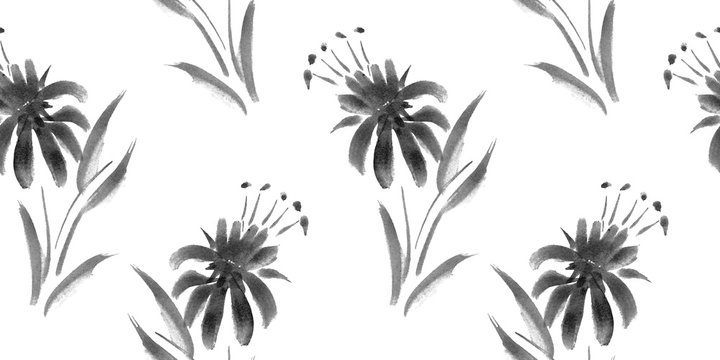 Watercolor Flowers Blossom Japanese Painting. Floral  nk Background. Vector