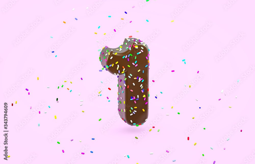 Aufkleber glazed donut font with colorful sugar sprinkles. 3d number 1 font render on isolated background.