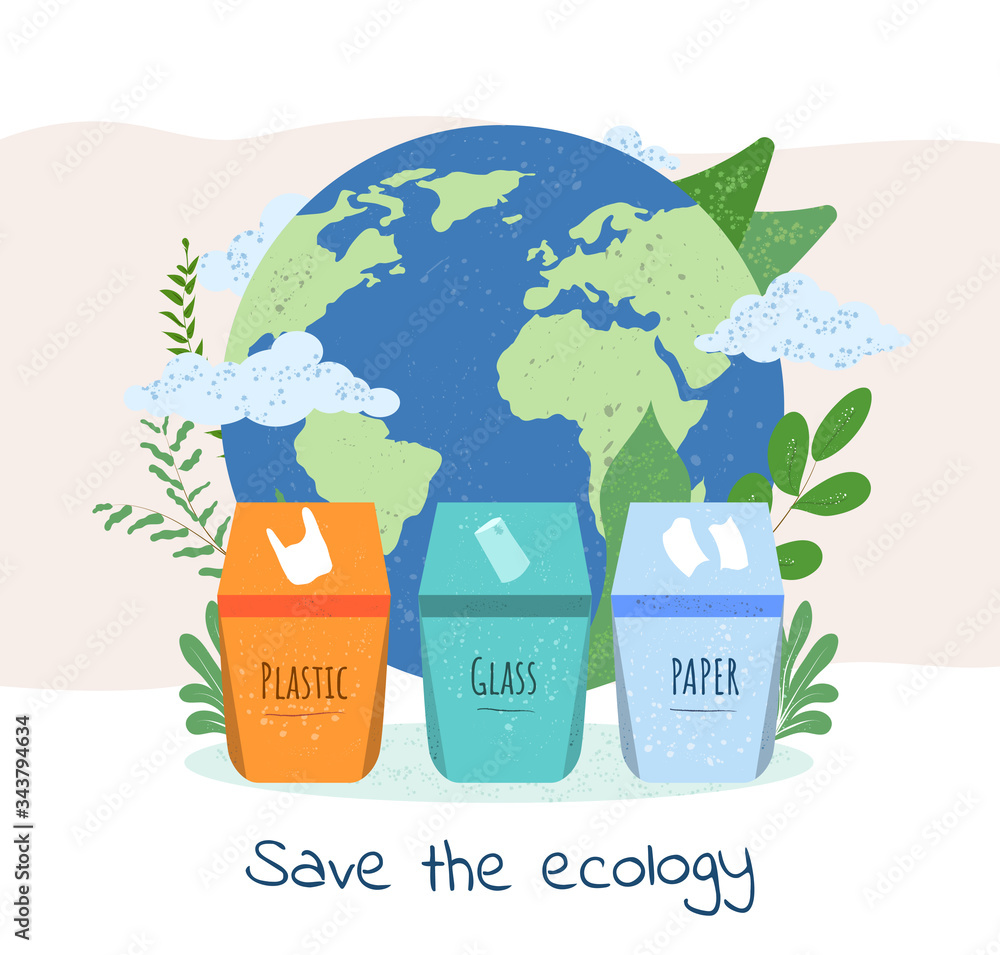 Poster save the ecology and planet by recycling concept with three recycle bins for plastic, glass and pape