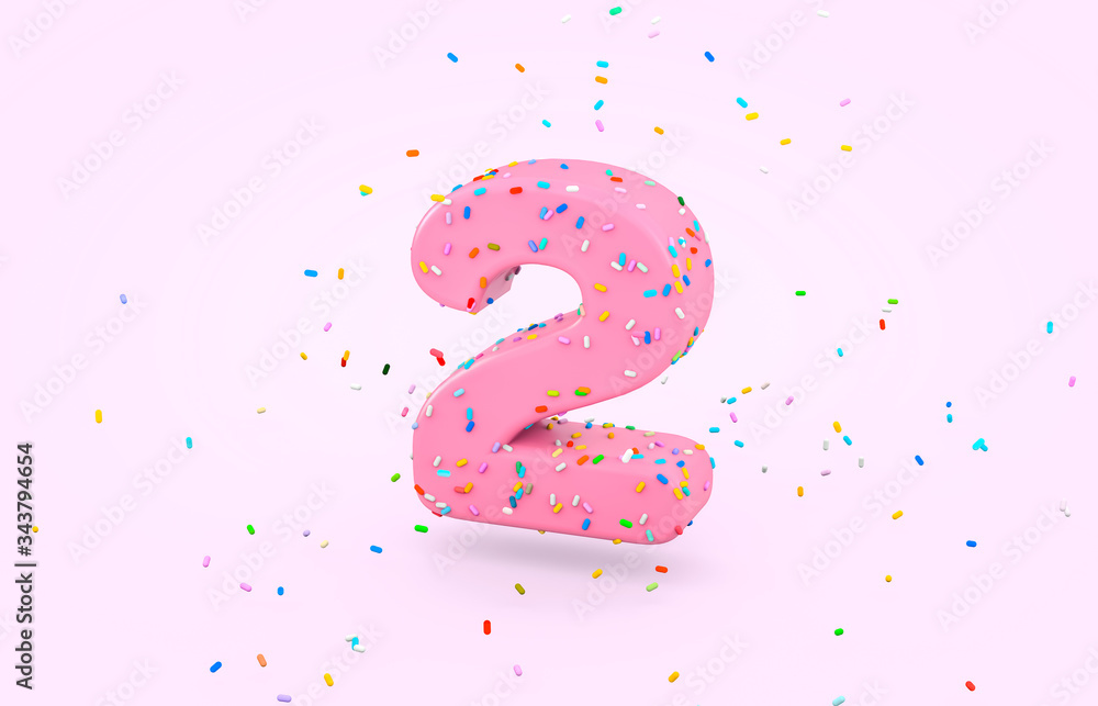 Aufkleber glazed donut font with colorful sugar sprinkles. 3d number 2 font render on isolated background.