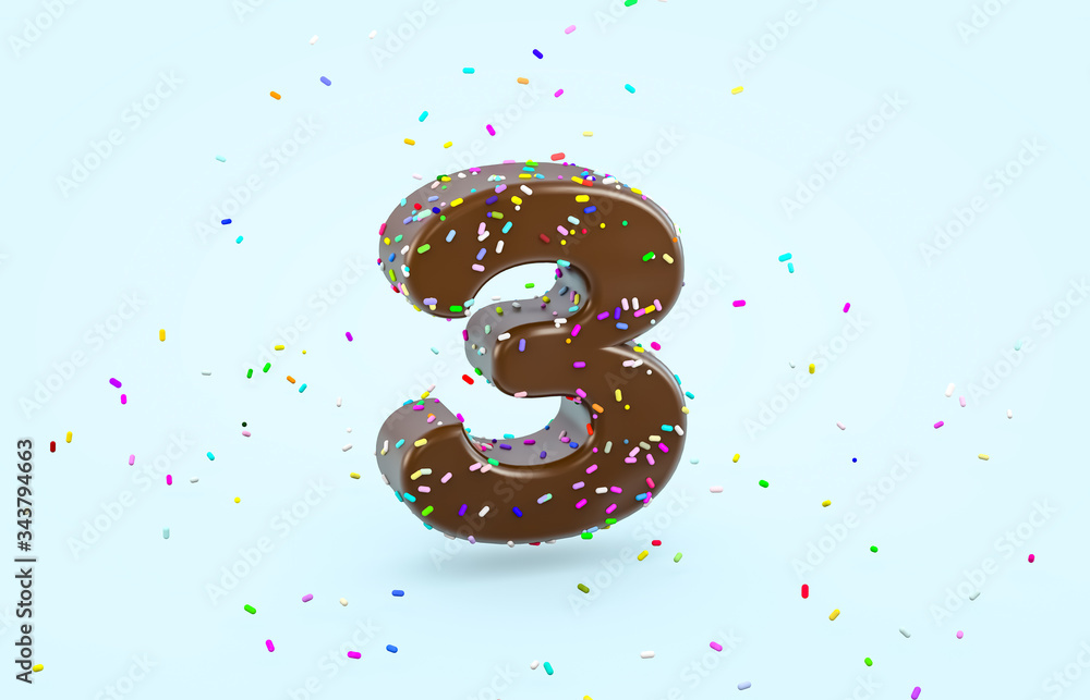 Aufkleber glazed donut font with colorful sugar sprinkles. 3d number 3 font render on isolated background.