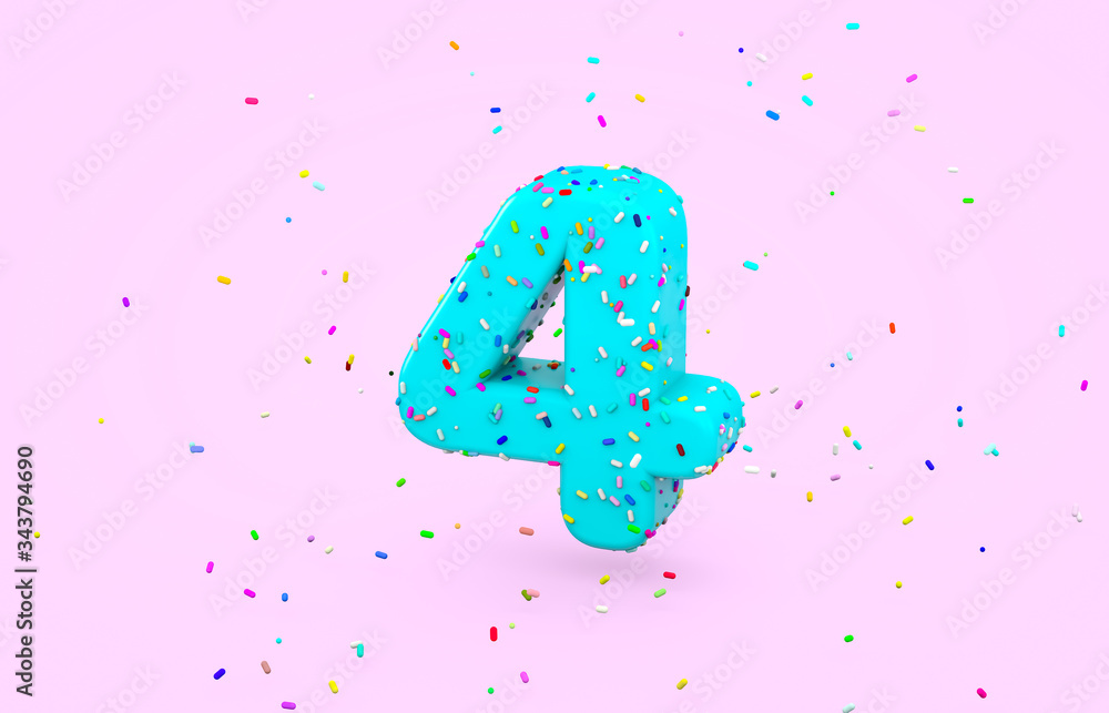 Aufkleber glazed donut font with colorful sugar sprinkles. 3d number 4 font render on isolated background.