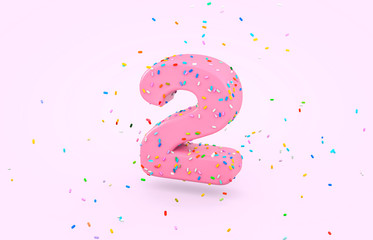 Glazed donut Font with colorful sugar sprinkles. 3d number 2 font render on isolated background.