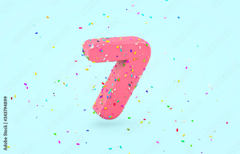 Aufkleber glazed donut font with colorful sugar sprinkles. 3d number 7 font render on isolated background.