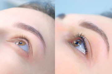 Face of young woman before and after lash laminating and painting eyebrows, side view. Closeup portrait of girl brunette in beauty clinic. Beauty industry concept. - obrazy, fototapety, plakaty