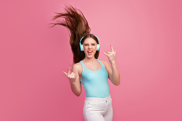 Portrait of her she nice attractive lovely cheerful cheery straight-haired girl having fun showing...