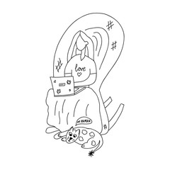 Hand drawn doodle about insulation. Girl is sitting in a rocket chair working on a laptop. Cat lies at her feet.. Vector stock illustration.