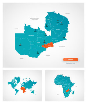 Editable template of map of Zambia with marks. Zambia  on world map and on Africa map.