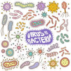 Hand drawn Cartoon set in doodle color - Virus & Bacteria