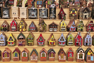 Souvenirs. Fridge magnets in the form of colorful houses.