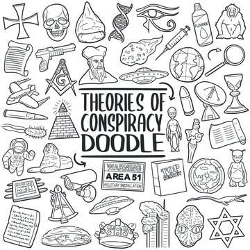 Theories of Conspiracy doodle icons. Occultism symbols line art. Vector Illustration design set.