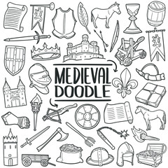 Medieval doodle icon set. Middle Age castle weapons and tools. Vector illustration collection. Hand drawn Line art style.