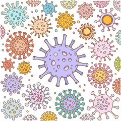 Hand drawn Cartoon set in doodle color - Flu and Corona Virus