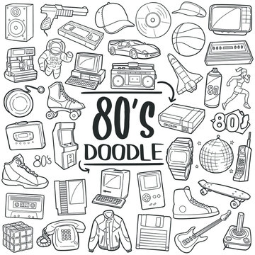80's, Eighties years doodle icon set. Retro technology clip art hand drawn vector. Line art style collection.